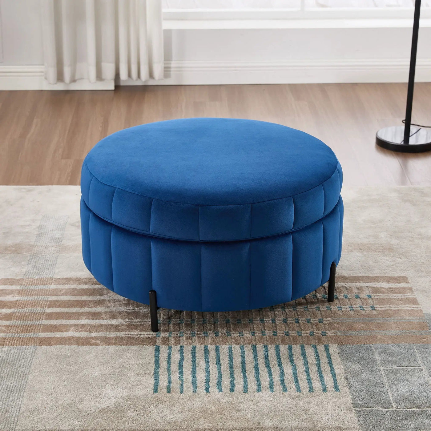 Upholstered Round Ottoman With Reversible Lid, Channel Tufted Pumpkin Shape by HouseOfZazla