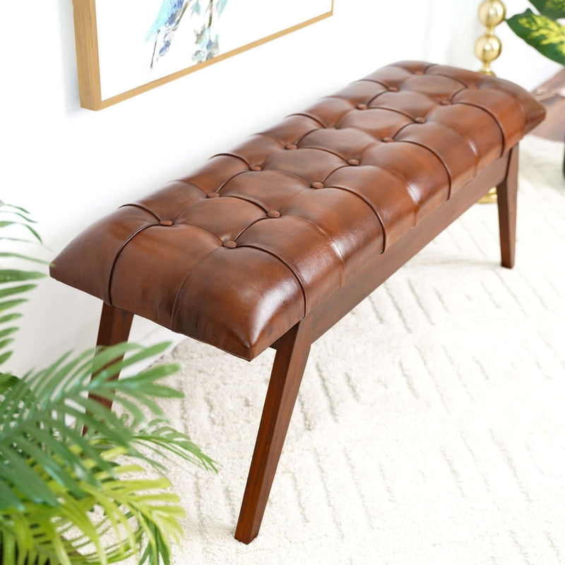 Cognac Genuine Leather Upholstered Bench with Solid Wood Frame - Dark Brown, photo 9 of 10