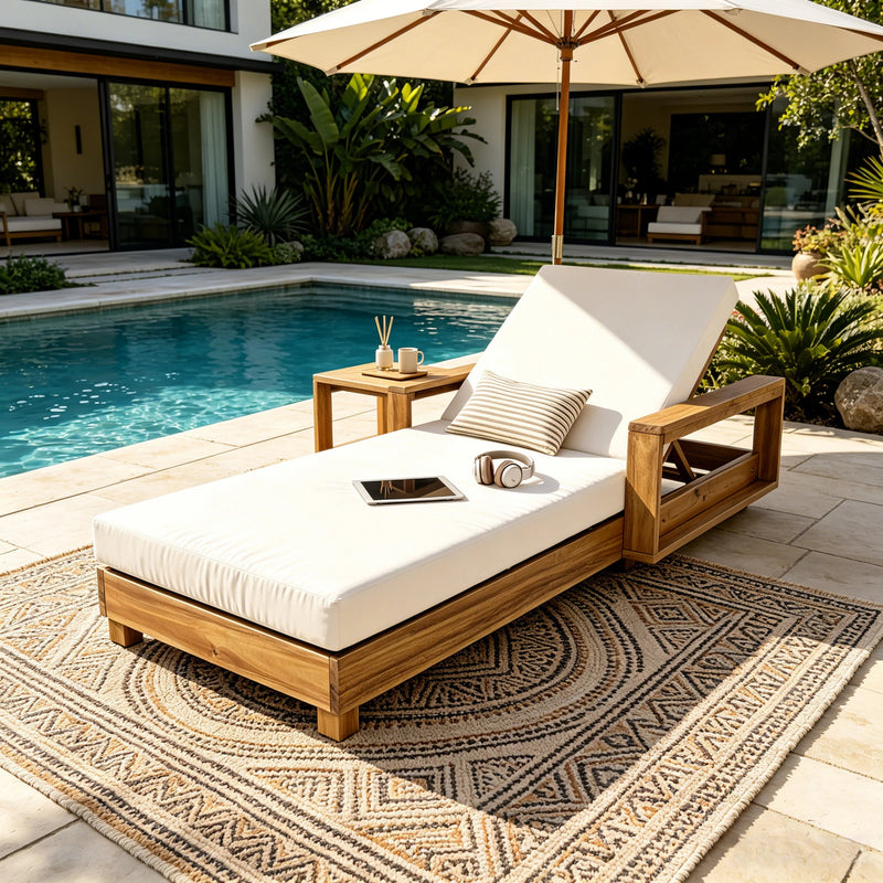 Acacia Wood Patio Chaise Lounge with Adjustable Backrest - Cream Cushion