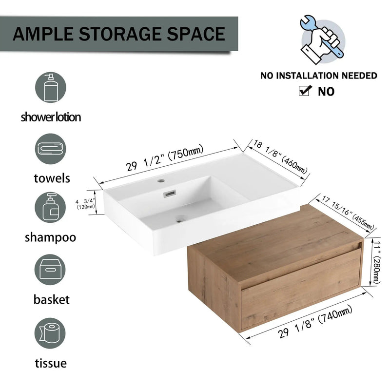 Modern Wall Mounted Bathroom Vanity With Resin Sink And Soft Close Drawer In Imitative - Imitative Oak by HouseOfZazla