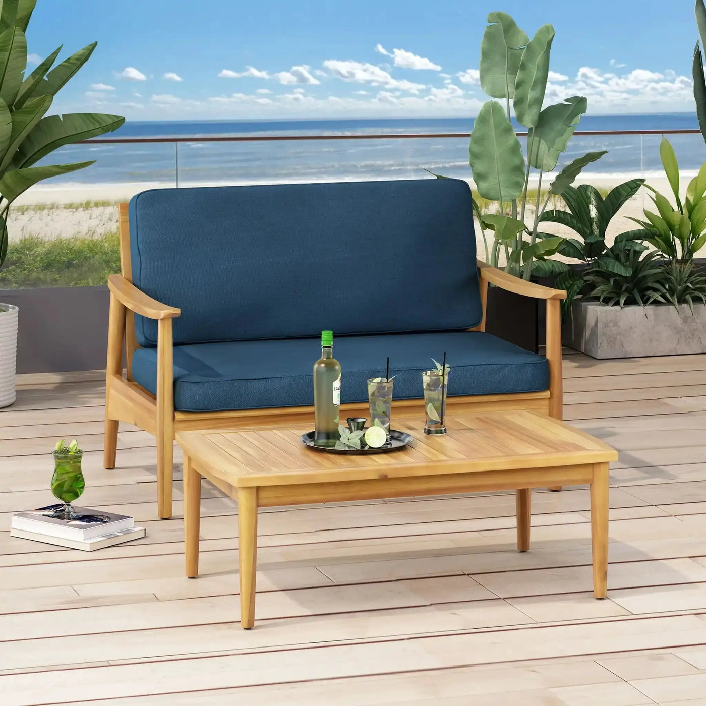 Outdoor Acacia Wood Loveseat Set With Coffee Table by HouseOfZazla