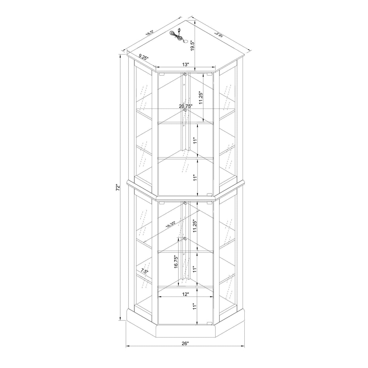 6 Shelf Corner Curio Display Cabinet with Lights and Adjustable Shelves - Dark Brown, Dark Red, Light Brown, photo 11 of 12