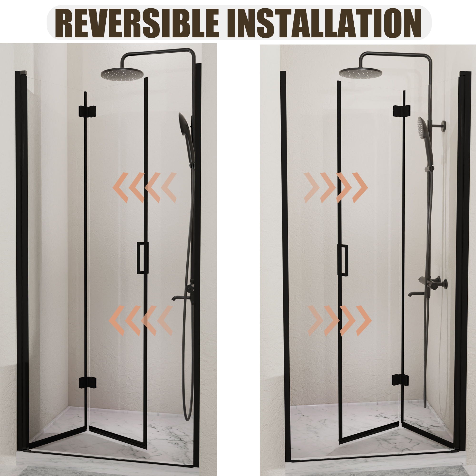 Semi Frameless Bifold Pivot Shower Door, Reversible Installation by HouseOfZazla