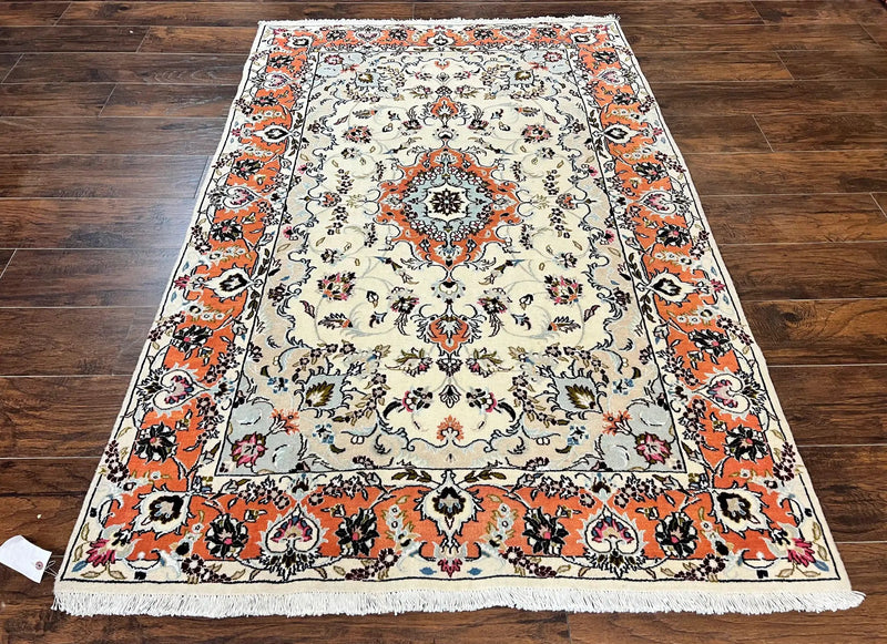 Persian Tabriz Rug 4.5 x 6.8, Finely Hand Knotted Wool with Silk Highlights Vintage Oriental Carpet, Cream and Salmon, High KPSI, Floral Medallion by Jewel Rugs
