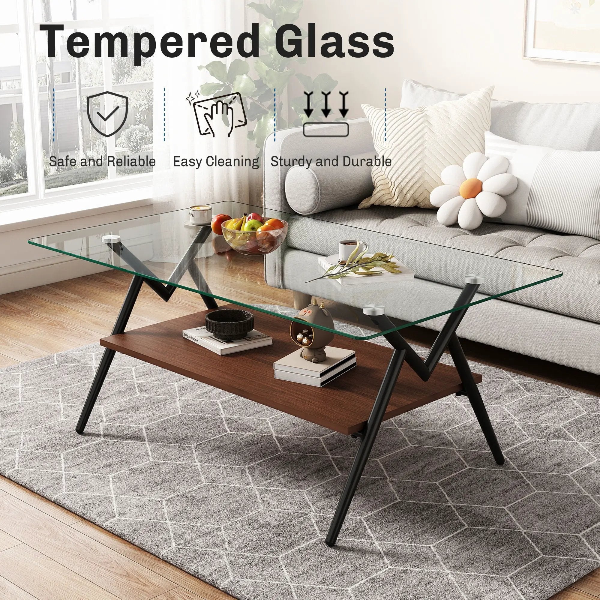 Rectangle Coffee Table With Tempered Glass Top And Shelf by Unique Piece Furniture