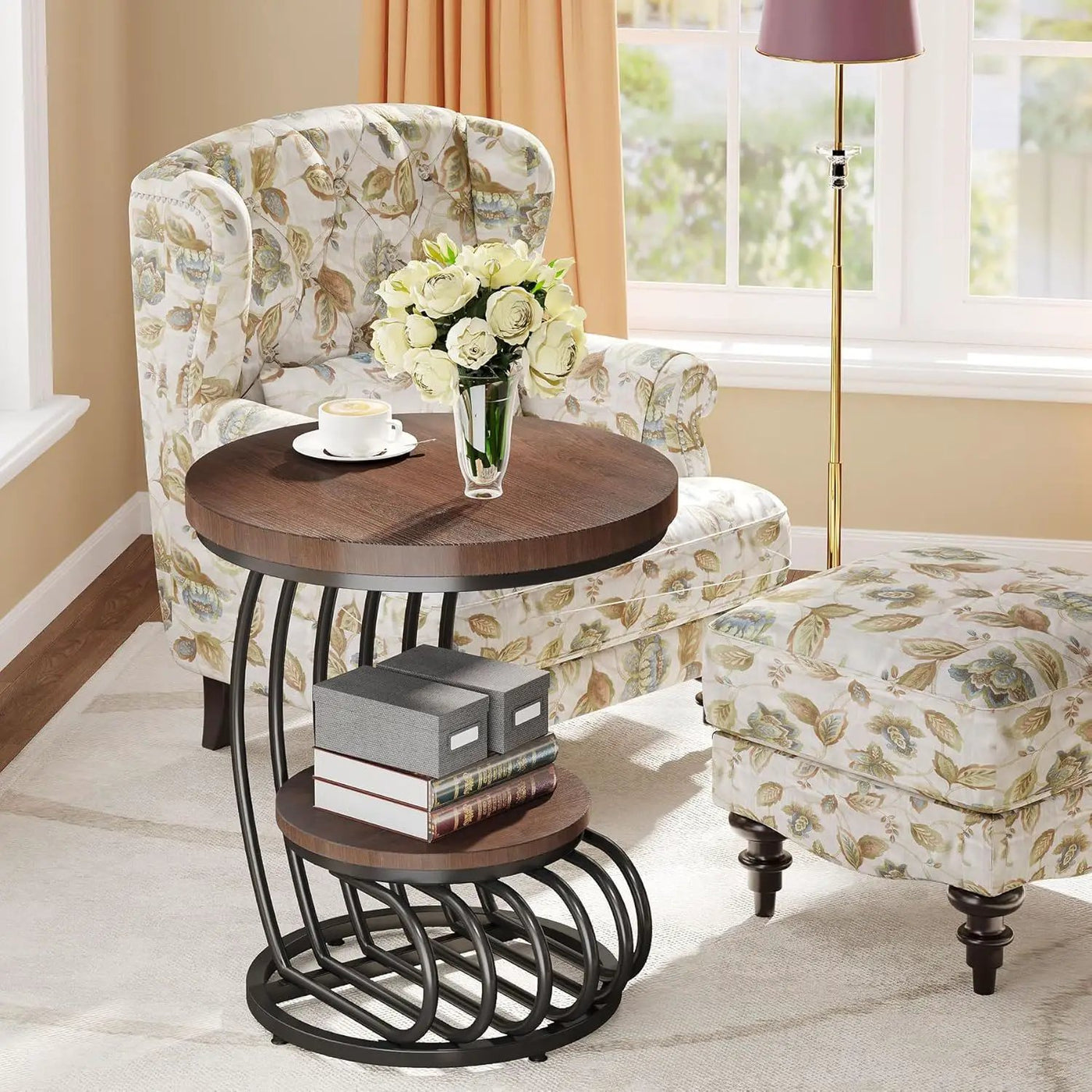 Round Vintage End Table With 2 Tier Storage by HouseOfZazla