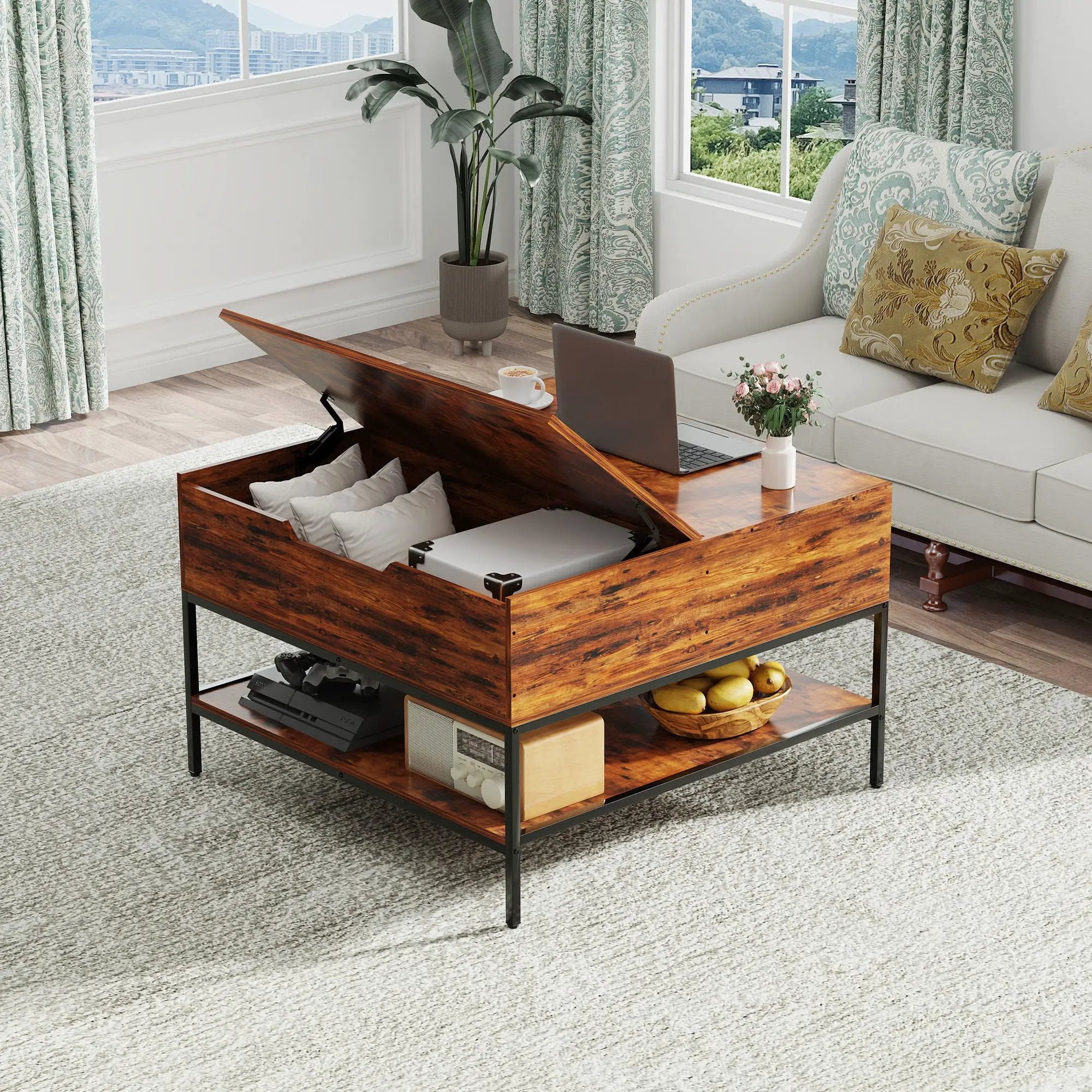 Rustic Flip Top Coffee Table With Hidden Storage - Black / Brown by HouseOfZazla