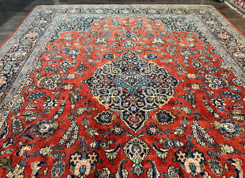 Red Persian Kashan Rug 10x14, Hand-Knotted Semi Antique Floral Medallion Handmade Wool Carpet, Red & Navy Blue by Jewel Rugs