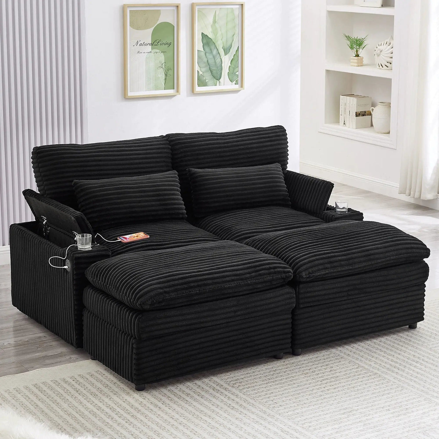Convertible Loveseat Sofa With Storage, USB Ports, Cup Holders by Unique Piece Furniture