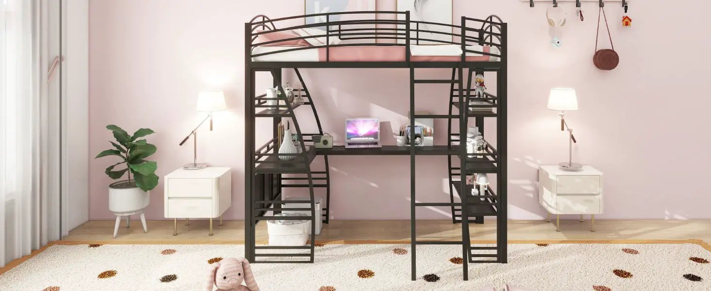 Loft Bed With 4 Layers Of Shelves And L-Shaped Desk, Stylish Metal Frame Bed With A Set Of Sockets, USB Ports And And Wireless Charging by HouseOfZazla