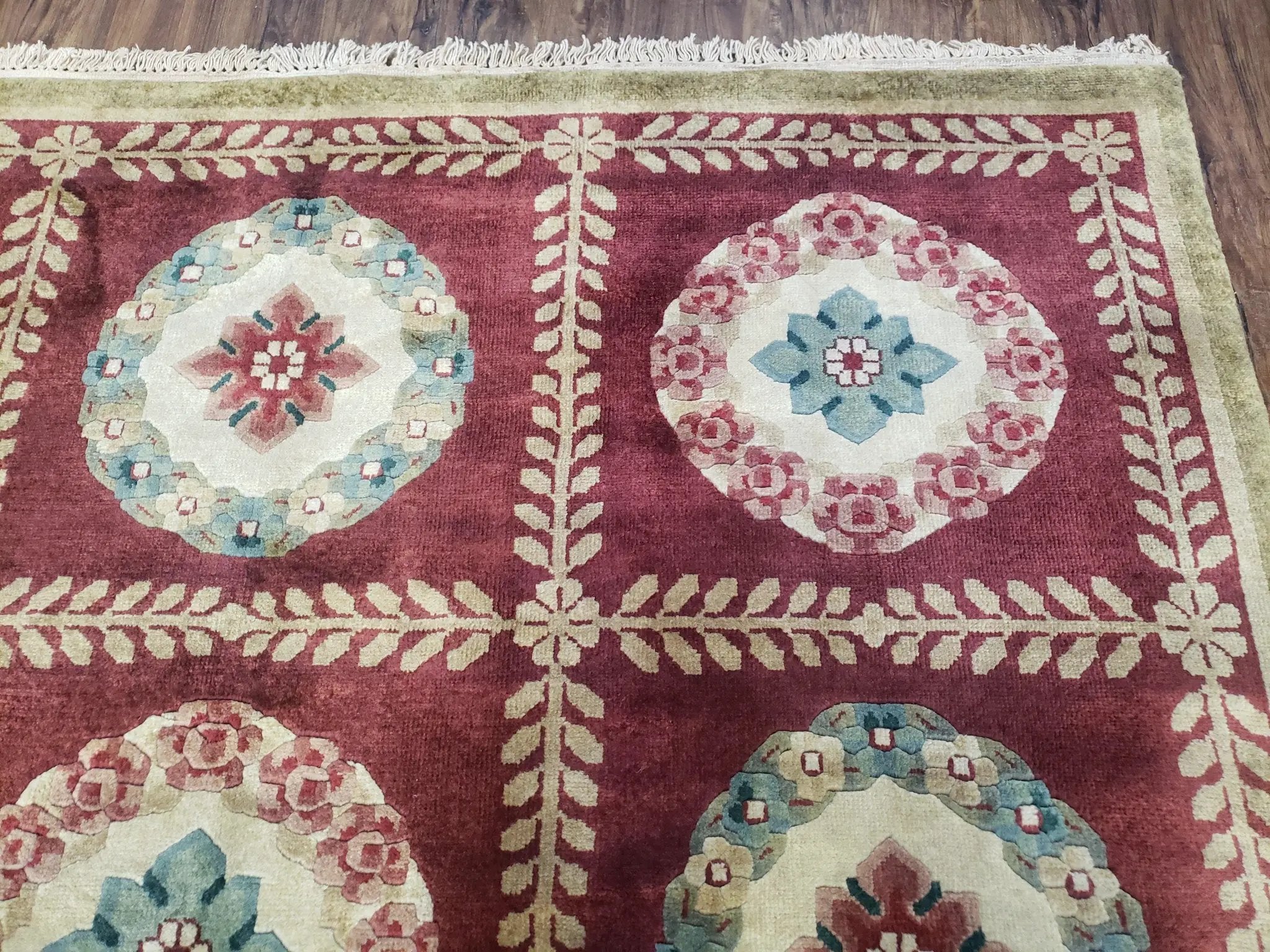 Nepalese Aubusson Panel Rug 6x9, Red & Ivory Soft Plush Tibetan Pile Rug, Wool Hand-Knotted Carpet, 6 x 9 Elegant Area Rug, Office Room Rug by Jewel Rugs