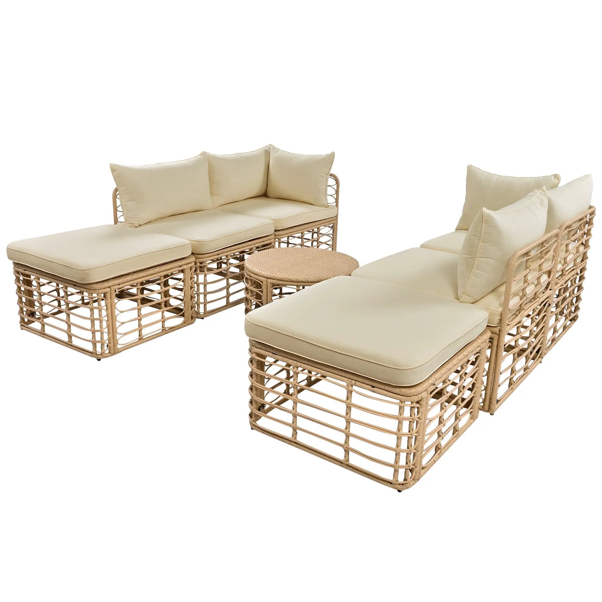 7 Pieces Outdoor Patio Furniture, All-Weather Rattan Sectional Sofa Set with Thick Cushions and Pillows, Freely Combined Conversation Sets for Garden, Backyard, Balcony, Brown by HouseOfZazla