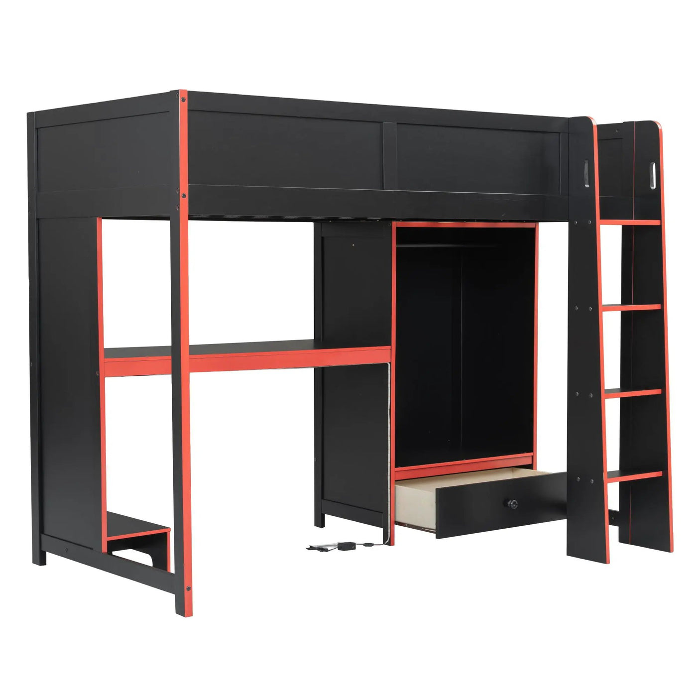 Gaming Loft Bed With Built In Desk, Wardrobe, LED Lighting And Drawer by HouseOfZazla