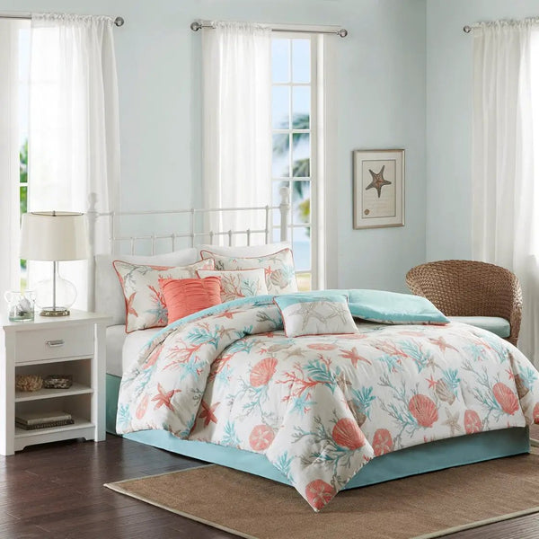 7 Piece Cotton Sateen Comforter Set Coral Queen