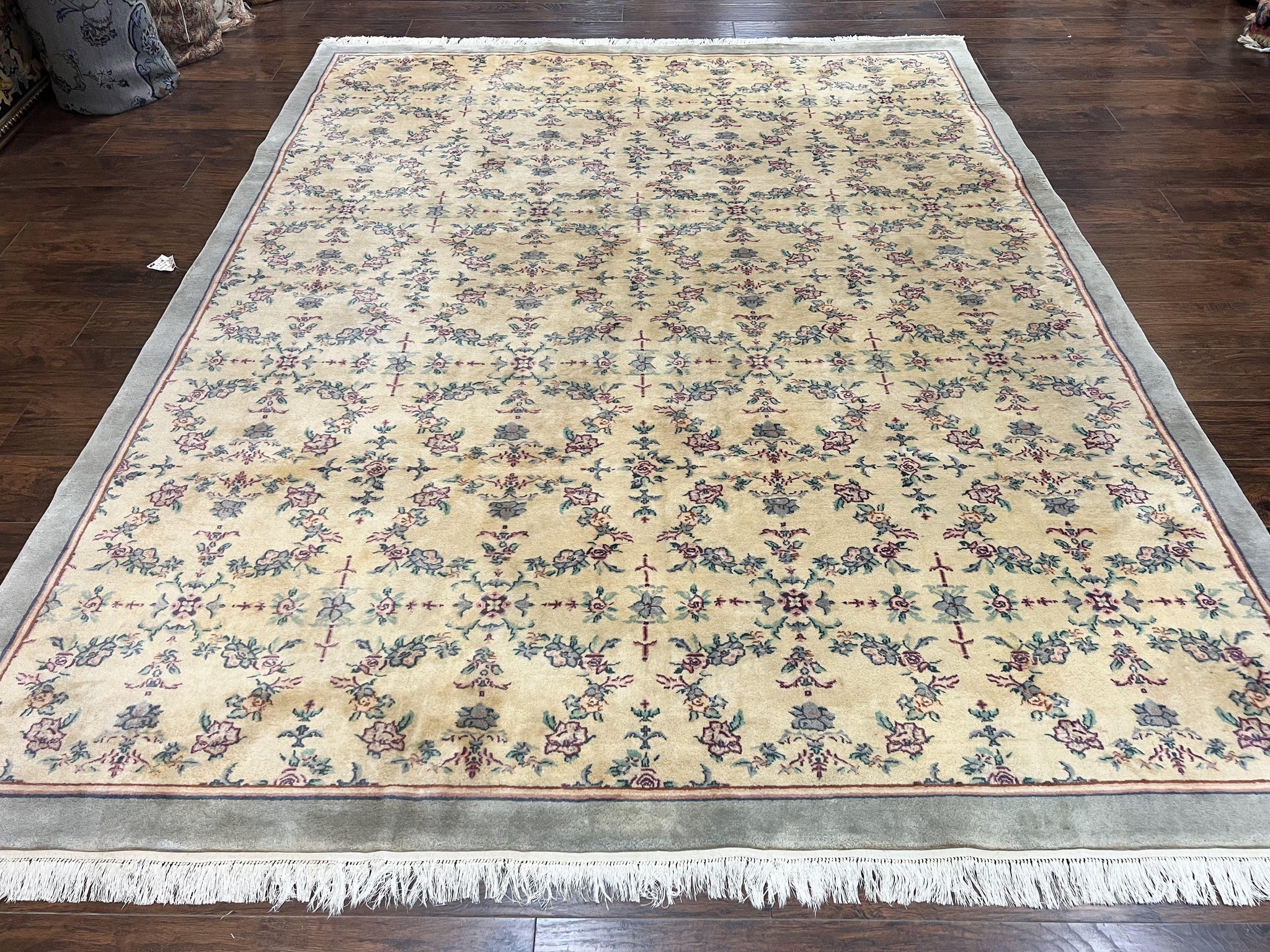 Sino Persian Rug 8x10, Floral, Oatmeal and Light Teal, Handmade Wool Vintage Carpet by Jewel Rugs