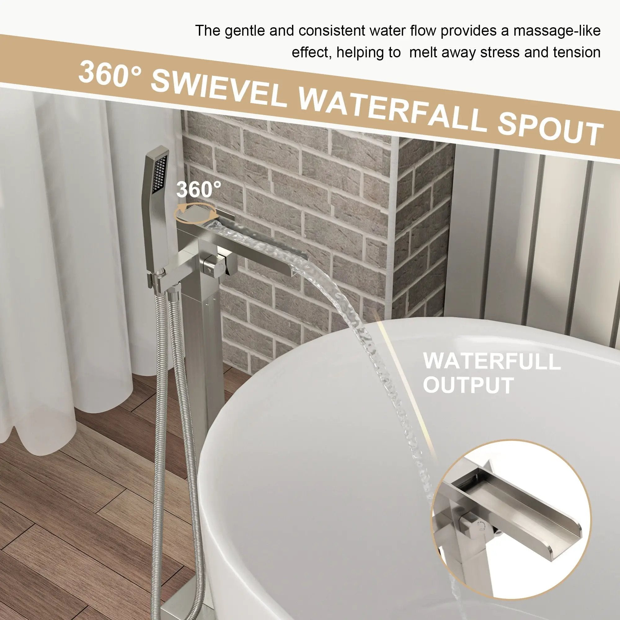 Freestanding Bathtub Faucet Waterfall Tub Filler Floor Mount Solid Brass With Hand Shower - Brushed Nickel by HouseOfZazla