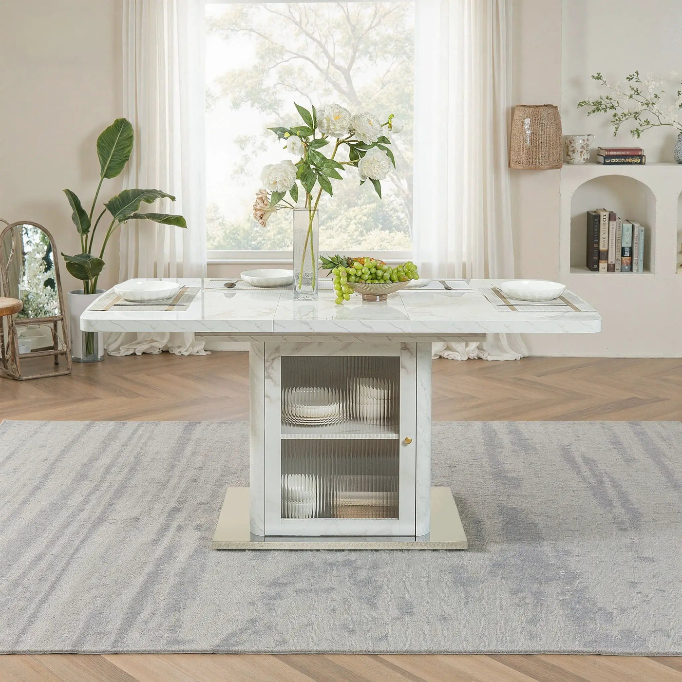 Modern Rectangle Dining Table With Stretchable Top, Storage Cabinet by Unique Piece Furniture
