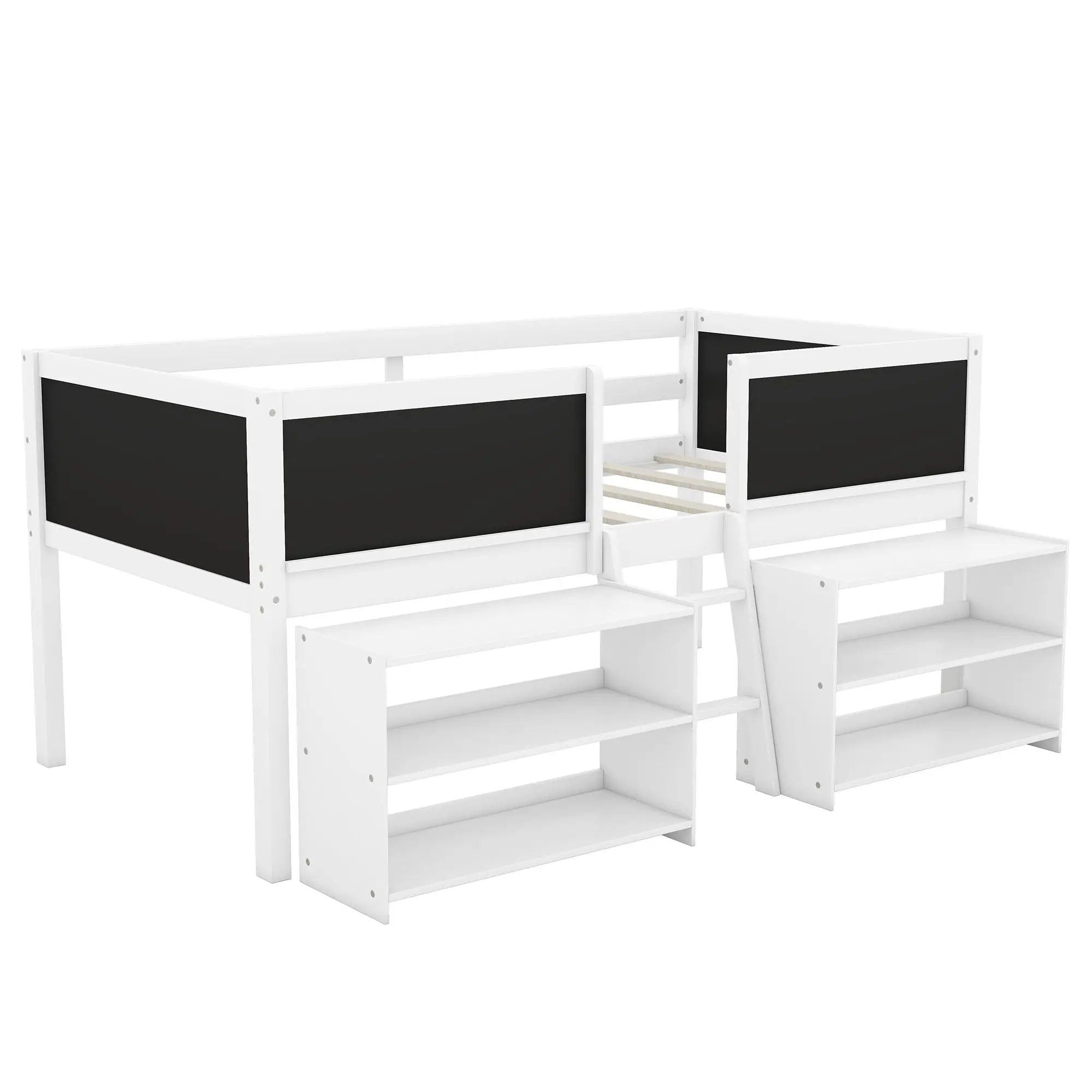 Low Loft Bed With Movable Shelves And Ladder, Decorative Chalkboard Guardrail by Unique Piece Furniture