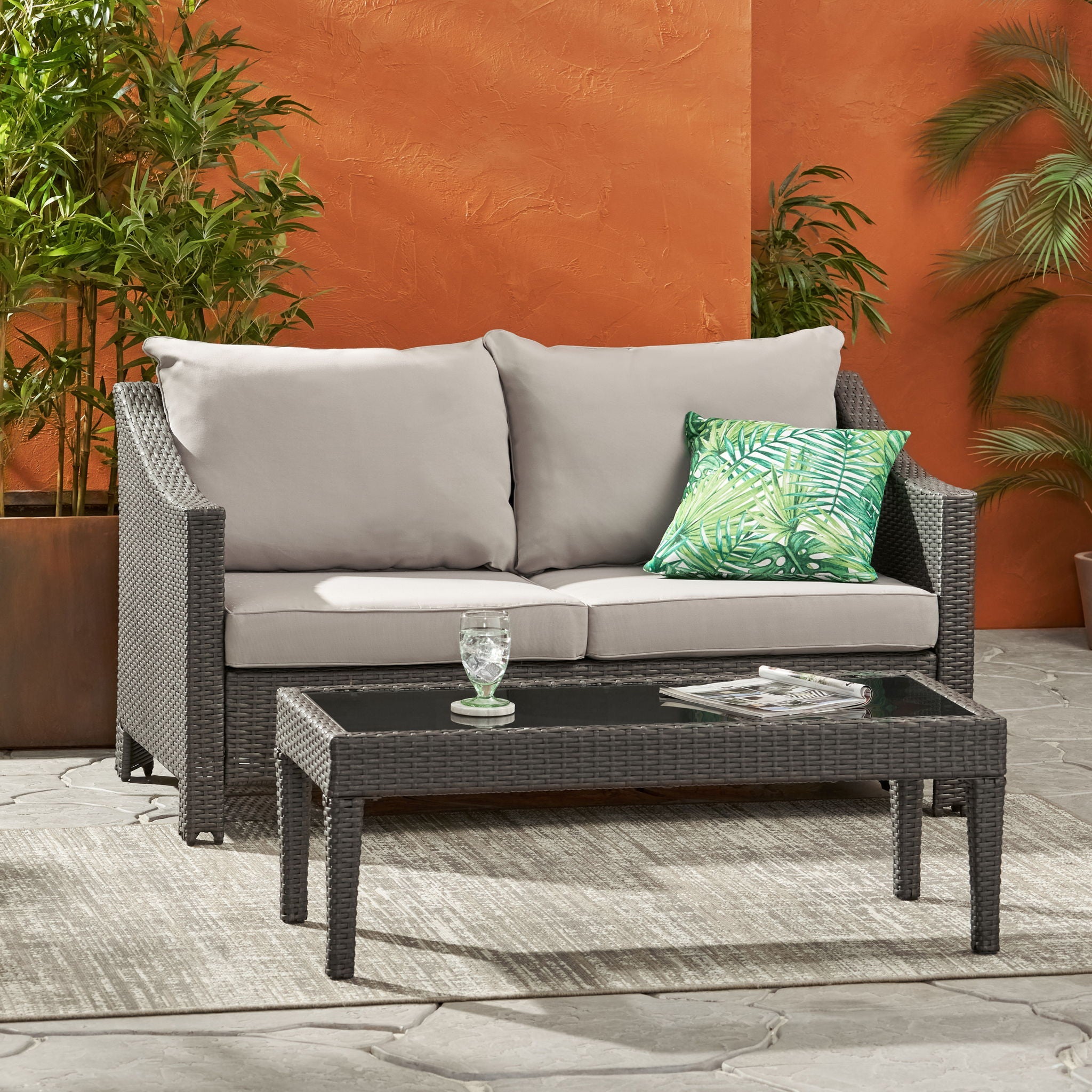 Contemporary Antibes Loveseat & Table Set Outdoor - Gray by HouseOfZazla
