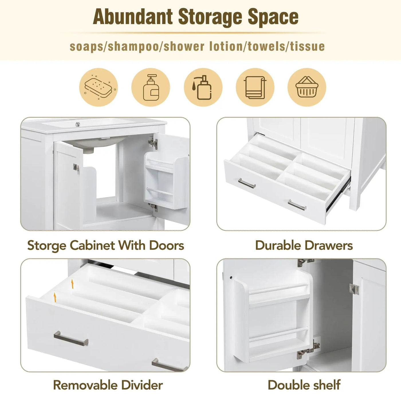 Bathroom Vanity With Single Sink, Combo Cabinet Undermount Sink, Bathroom Storage Cabinet With Two Doors And A Drawer, Soft Closing, Multifunctional Storage, Solid Wood Frame by Unique Piece Furniture