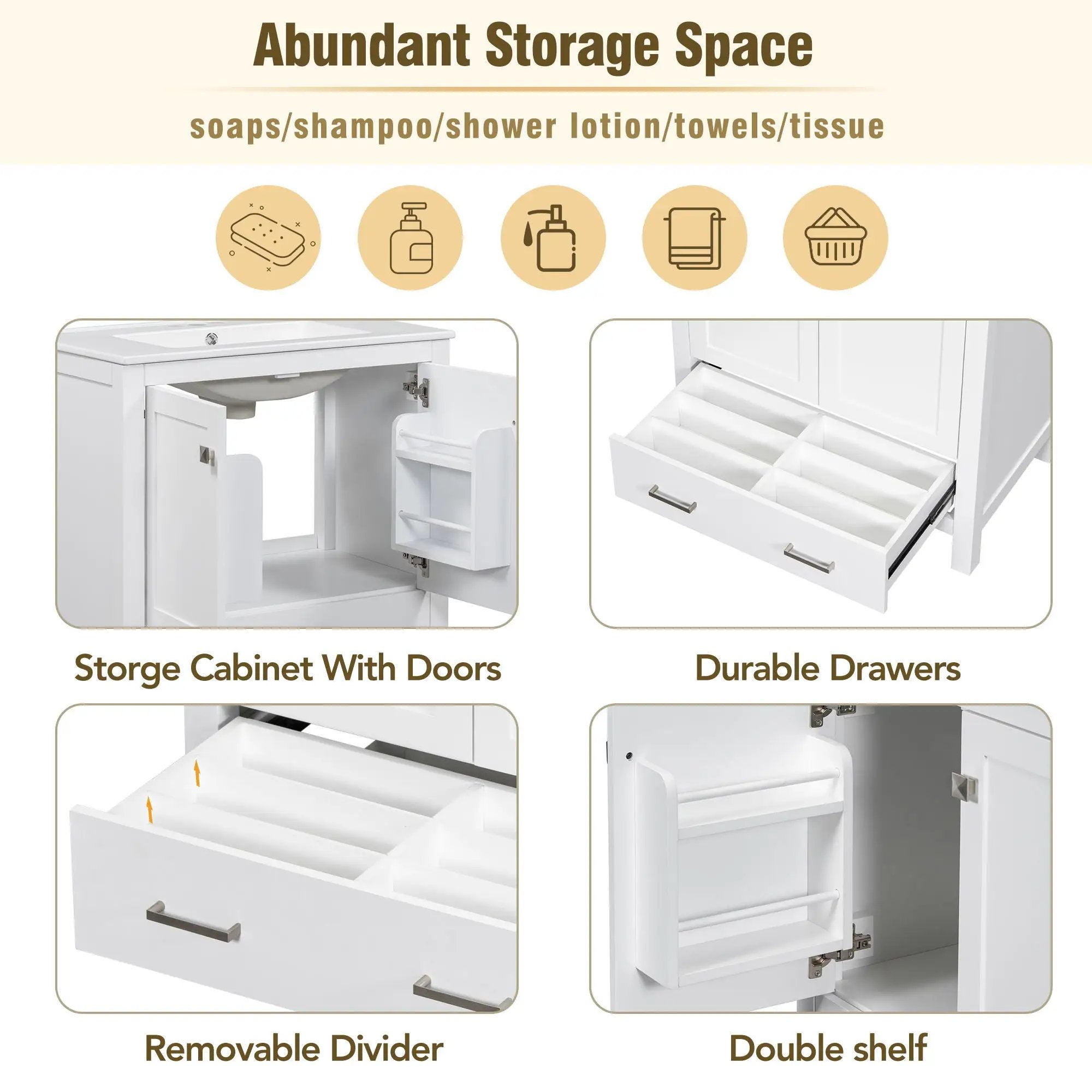 Bathroom Vanity With Single Sink, Combo Cabinet Undermount Sink, Bathroom Storage Cabinet With Two Doors And A Drawer, Soft Closing, Multifunctional Storage, Solid Wood Frame by HouseOfZazla