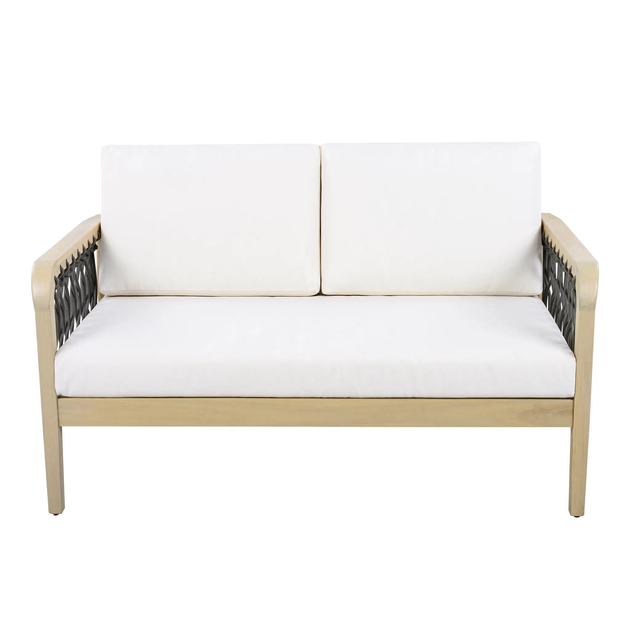 Outdoor Acacia Wood Loveseat & Coffee Table Set with Handwoven Rope, Light Teak by HouseOfZazla