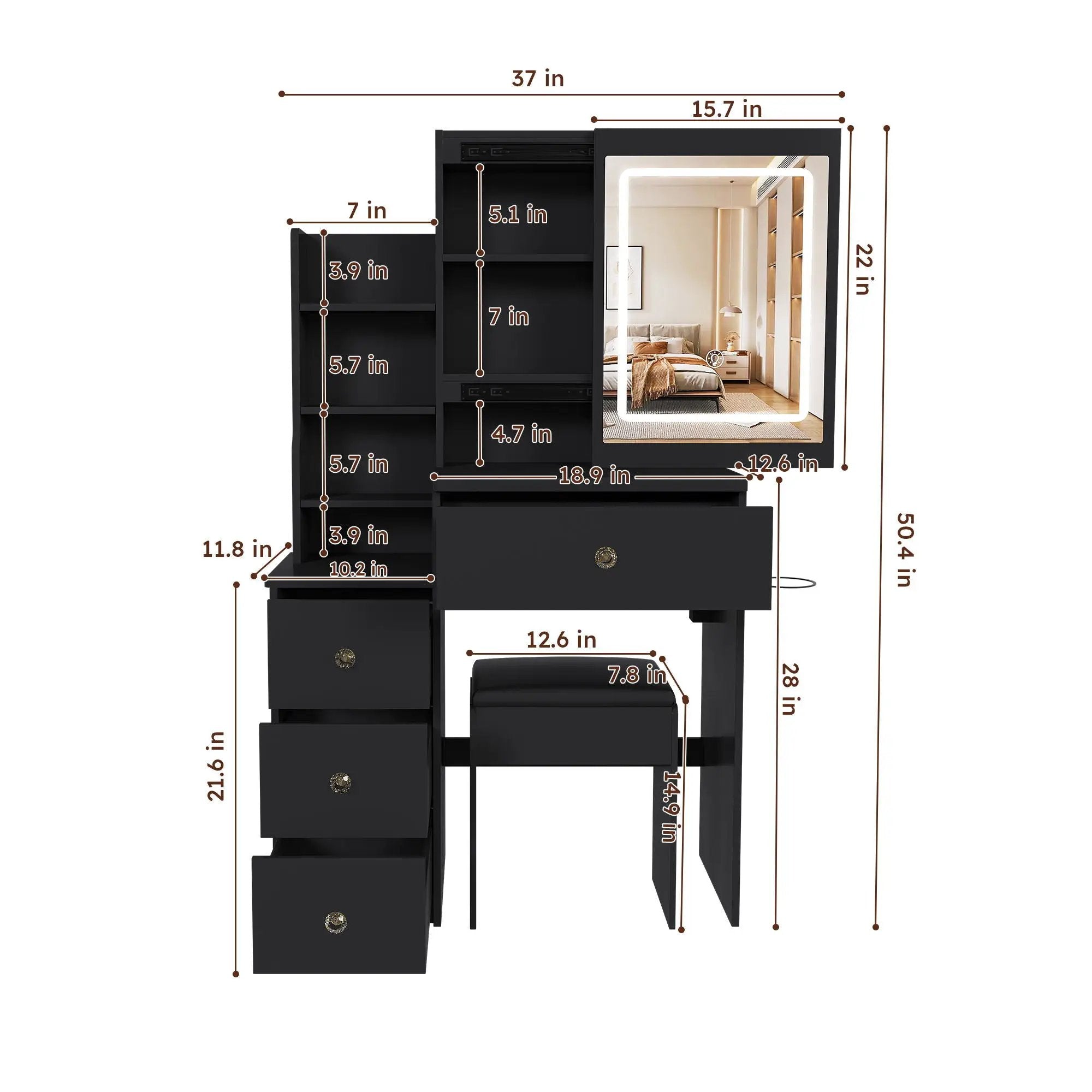 Vanity Desk With 3 LED Lighting Modes, 4 Drawers, Open Shelves, Hair Dryer Holder & Power Socket Dressing Table Set With Chair - Black by HouseOfZazla