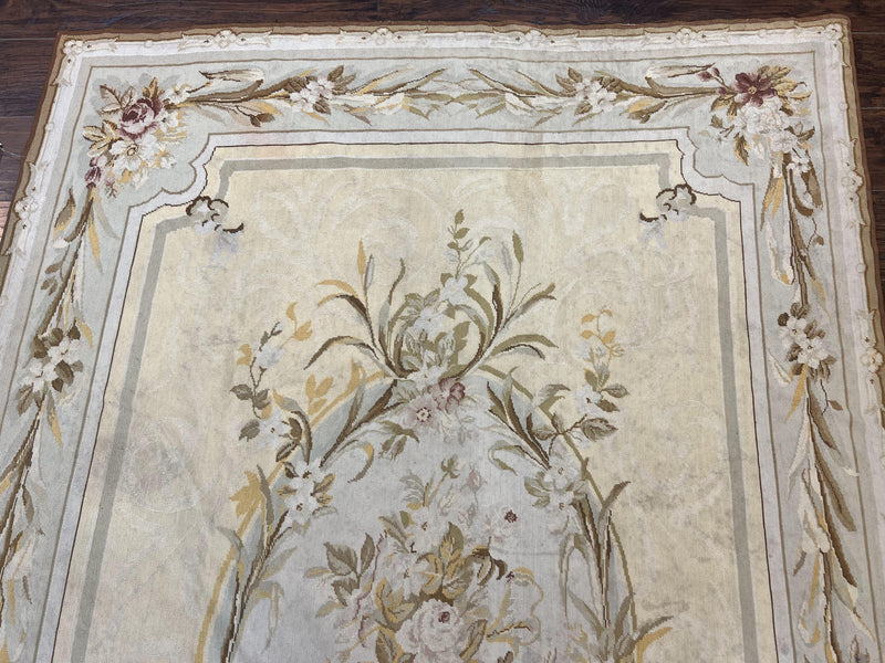 Needlepoint Rug 6x9, Elegant European Design Aubusson Carpet, Vintage Wool Handmade Rug, Light Yellow Ivory by Jewel Rugs