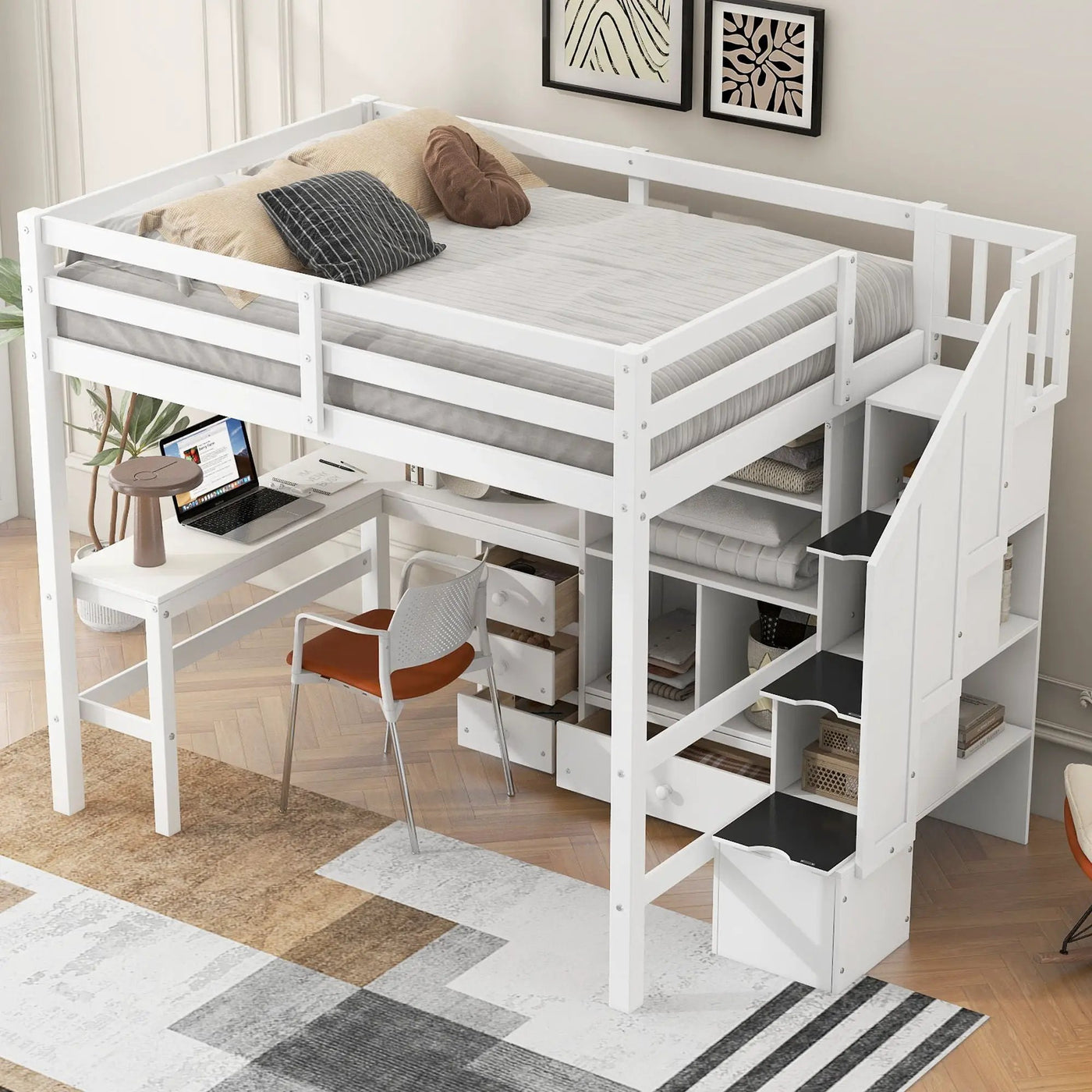 Loft Bed & L Shaped Desk, Drawers, Cabinet, And Storage Staircase by Unique Piece Furniture