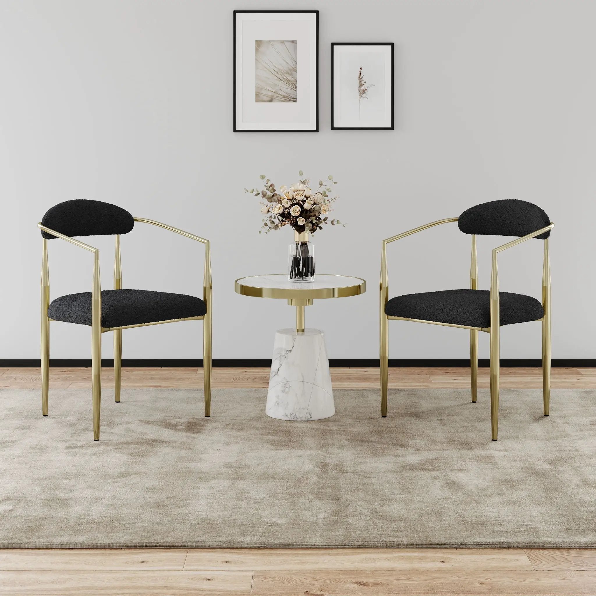 Dining Chairs (Set of 2), Mid-Century Modern Dining Chairs, Kitchen Dining Room Chairs, Round Boucle Backrest Sherpa Dining Chair With Metal Legs by HouseOfZazla