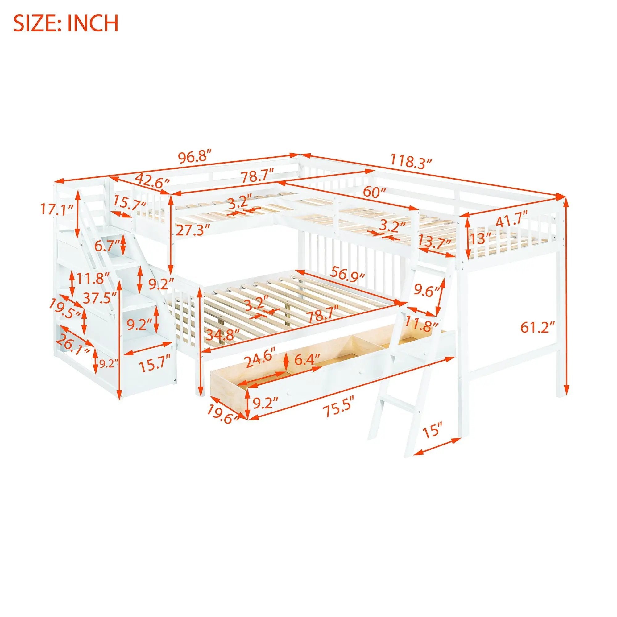 Solid L Shaped Bunk Bed With 3 Drawers, Ladder And Staircase