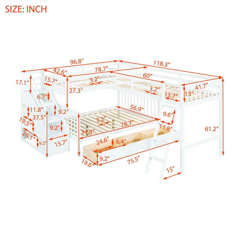 Solid L Shaped Bunk Bed With 3 Drawers, Ladder And Staircase