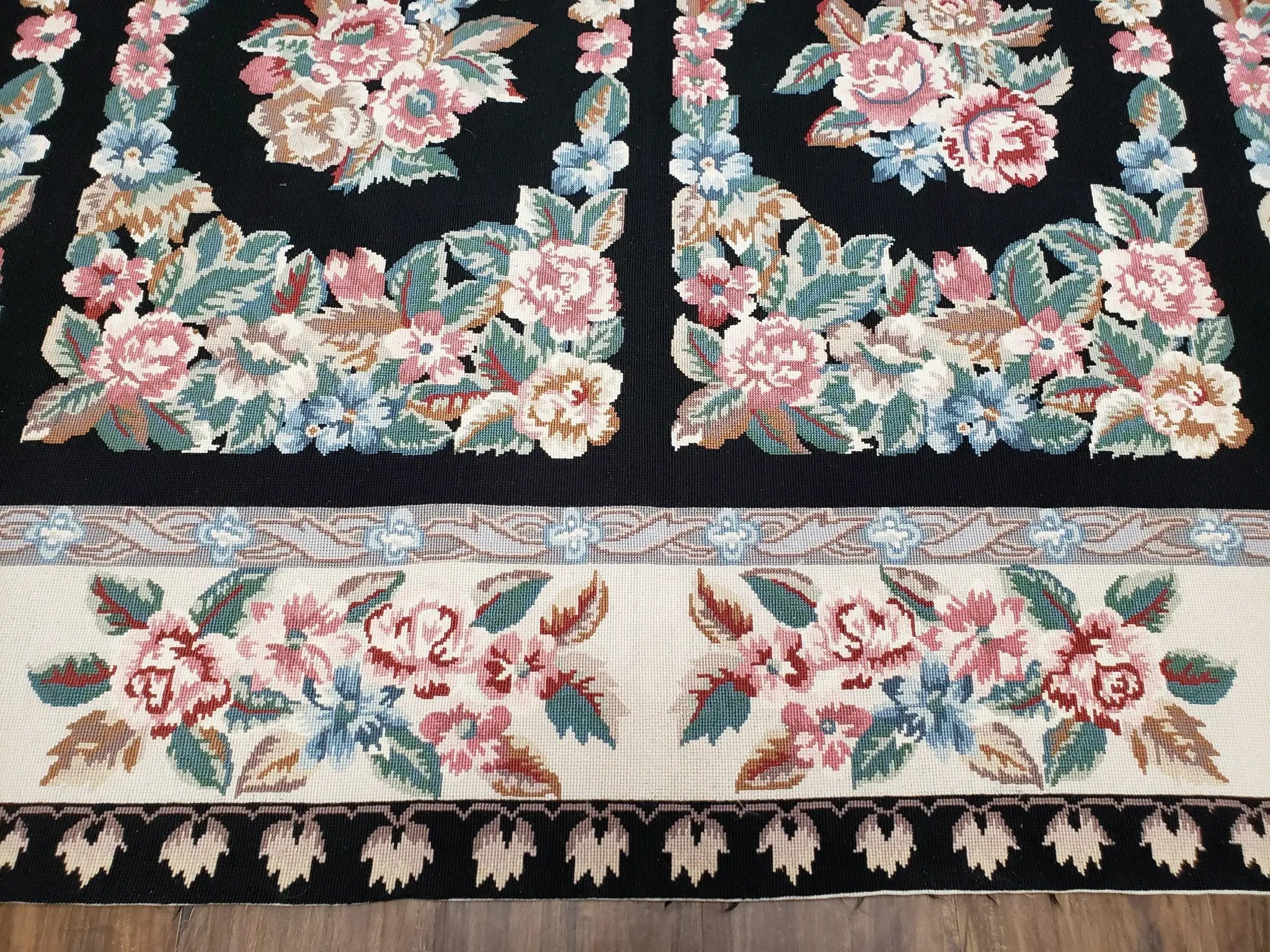 Floral Needlepoint Rug 9.5 x 13.6, Floral Panel Design, Black and Ivory Flatweave Aubusson Carpet, Multicolor by Jewel Rugs