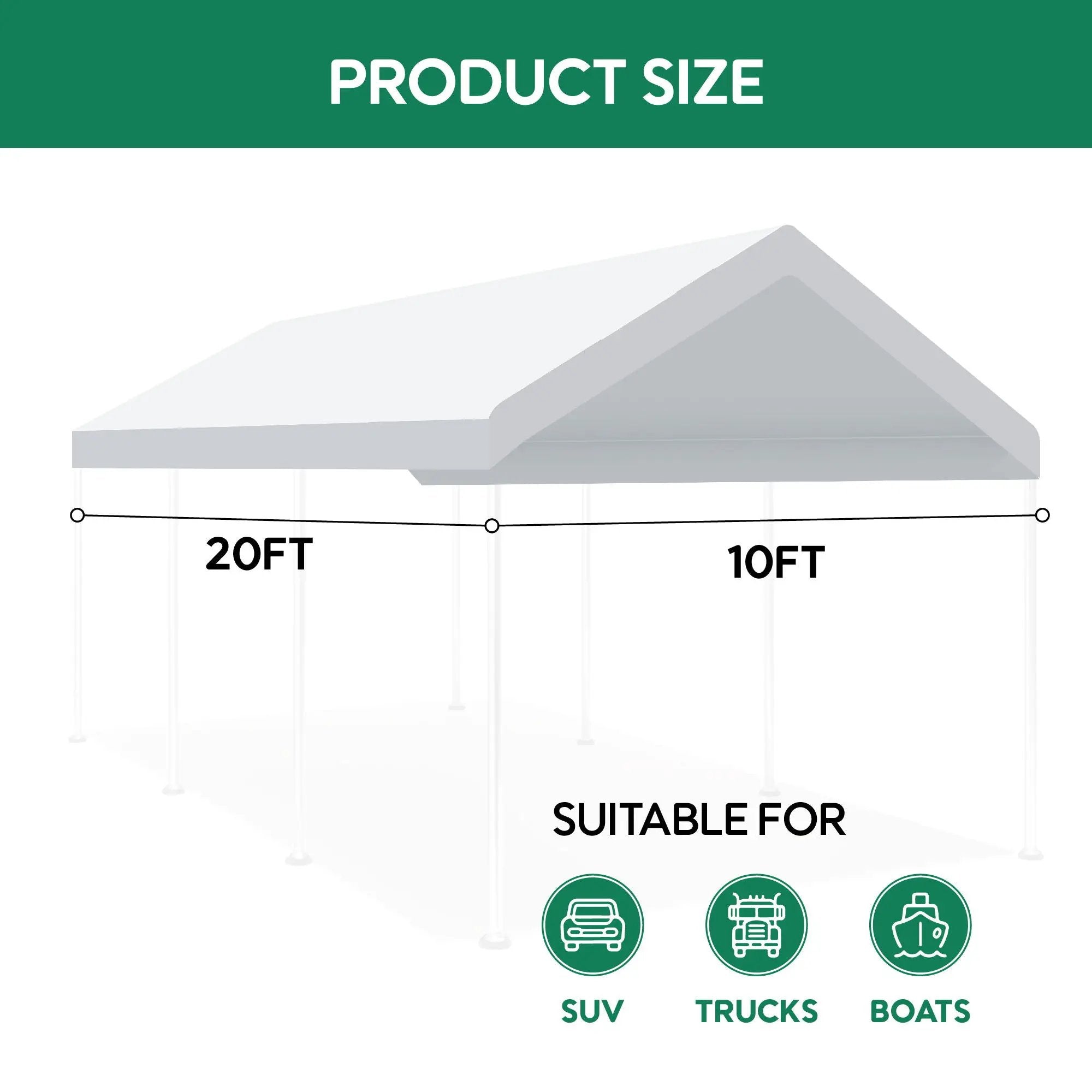 10 X 20 Ft Carport Canopy Cover Replacement Heavy Duty Waterproof Fabric With 36 Bungee Cords UV & Tear Resistant (Cover Only) - White by Unique Piece Furniture