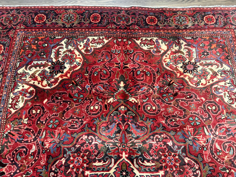 Persian Heriz Rug 7x10, Red and Navy, Geometric Medallion, Vintage Wool Carpet by Jewel Rugs
