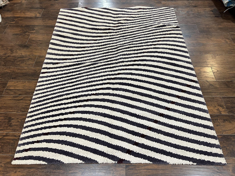 Vintage Zebra Stripes Shag Rug 5.7 x 7.4, Black and White, Retro, Wool by Jewel Rugs