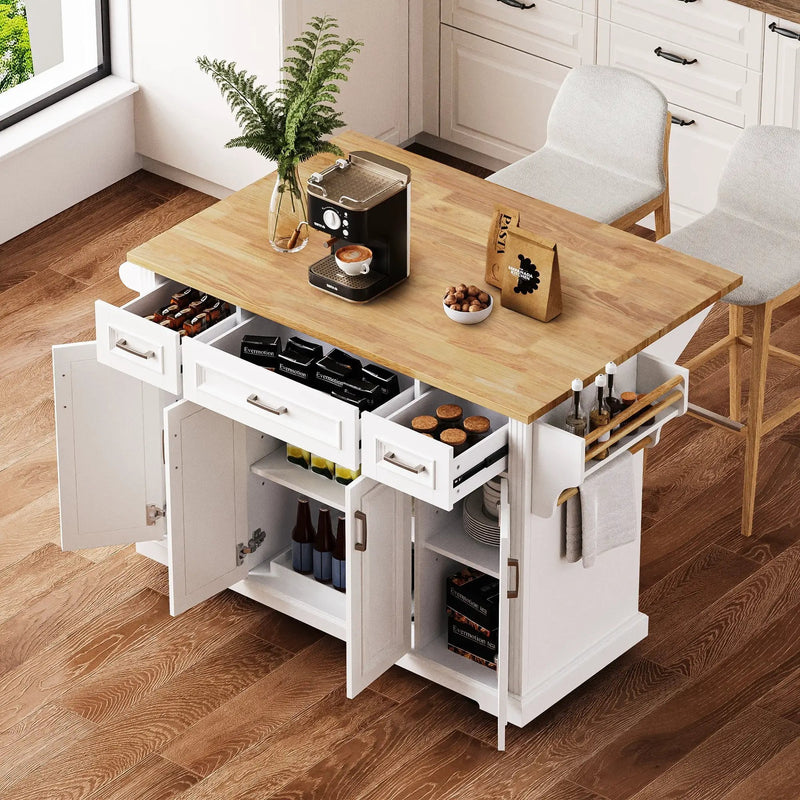 K&K 54-Inch Large Kitchen Island with Rubber Wood Drop Leaf by HouseOfZazla
