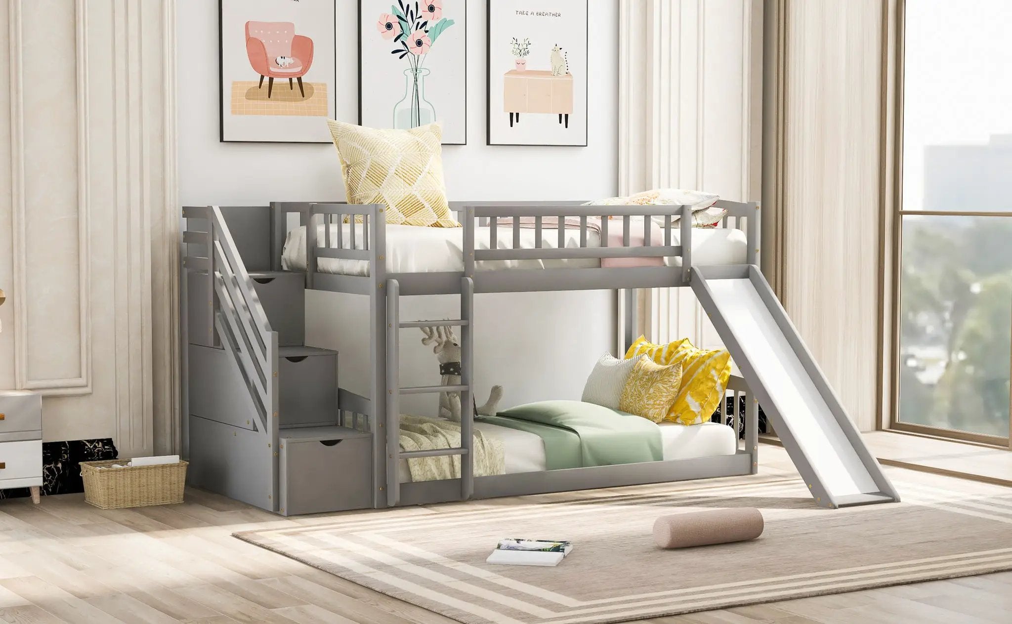 Twin Over Twin Bunk Stairway Bed With 2 Drawers And Slide - Gray by HouseOfZazla