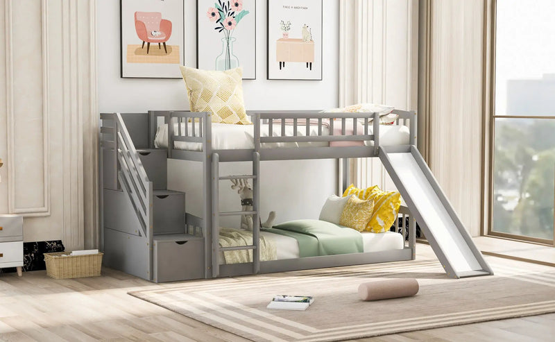 Twin Over Twin Bunk Stairway Bed With 2 Drawers And Slide - Gray by HouseOfZazla