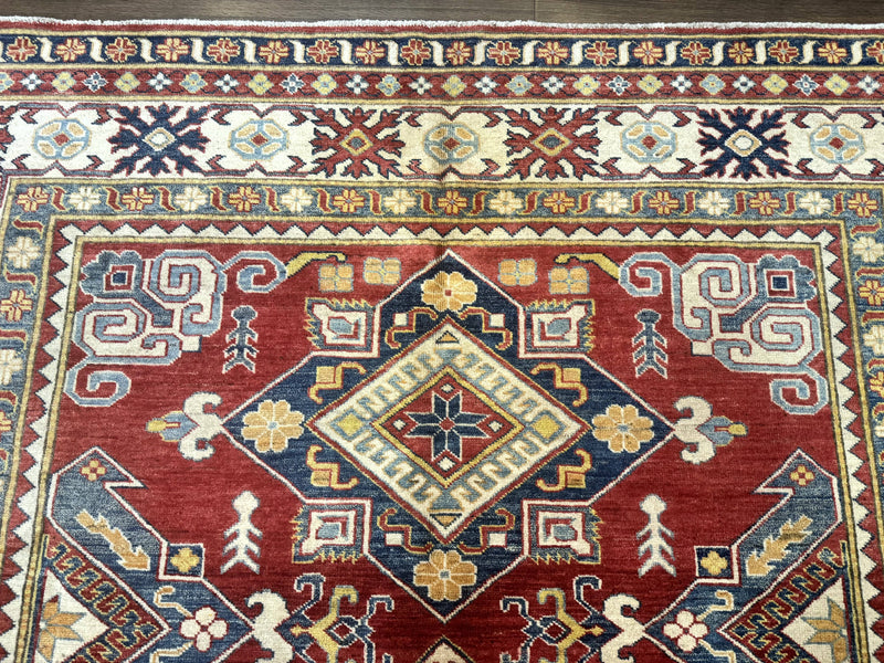 Turkish Kazak Rug 7.6 x 9.5, Geometric Medallions, Caucasian Pattern by Jewel Rugs