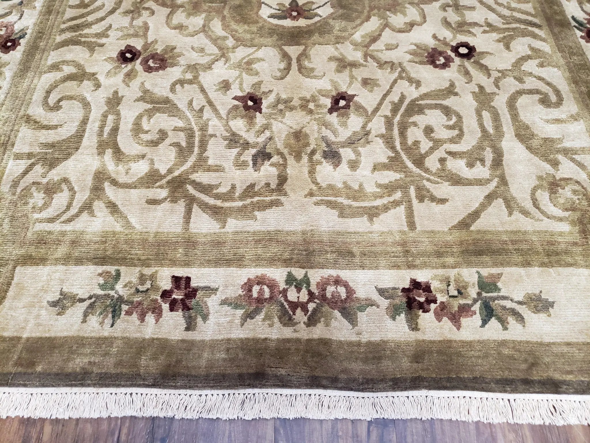 Vintage Nepali Tibetan Aubusson Rug 6x9, Wool Hand-Knotted Cream Beige Carpet, Leaves & Floral Pattern 6 x 9 Soft Area Rug Home Office Rug by Jewel Rugs