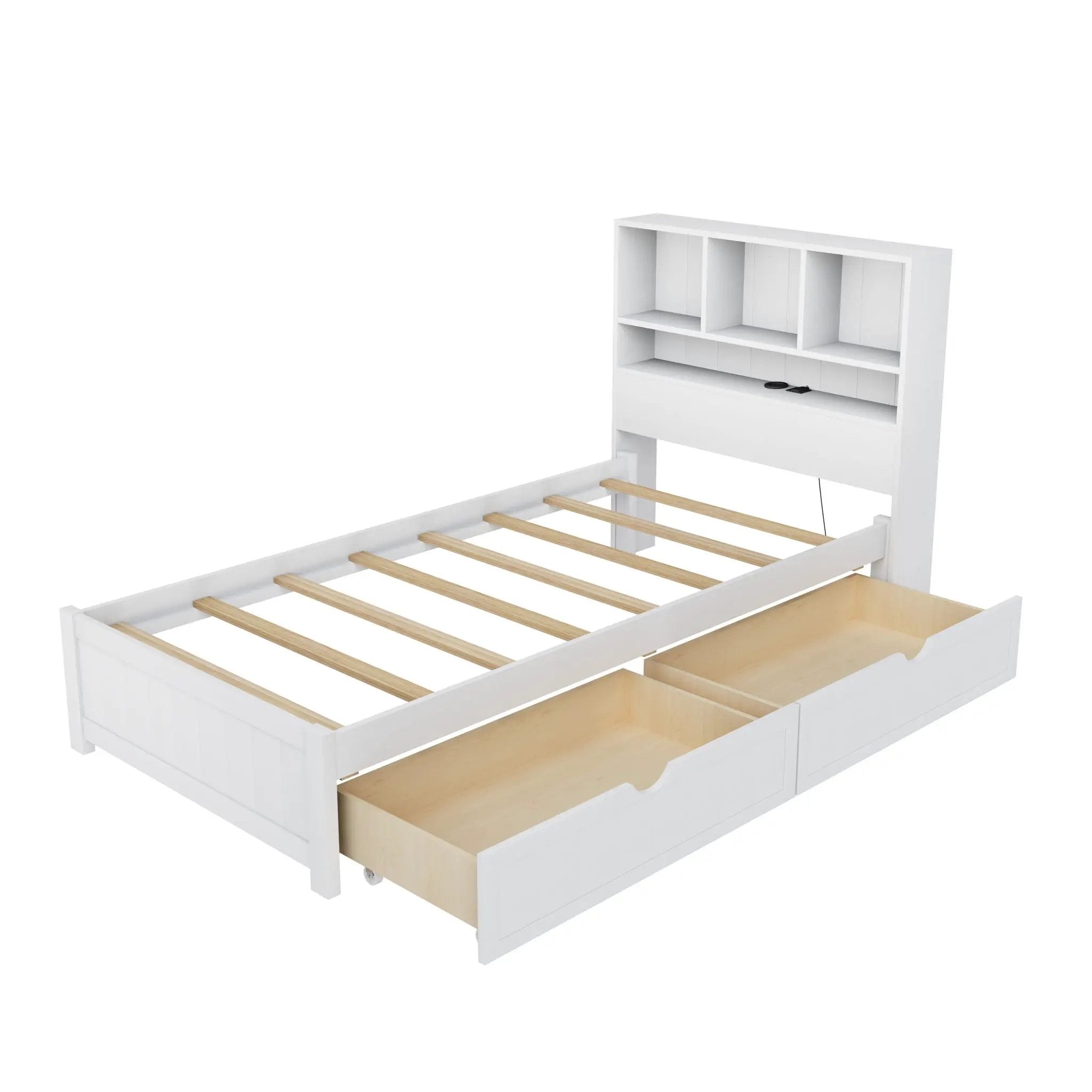 Platform Bed With Bookcase Headboard, Built-In Downlight, Charging Station, And 2 Side Drawers by Unique Piece Furniture