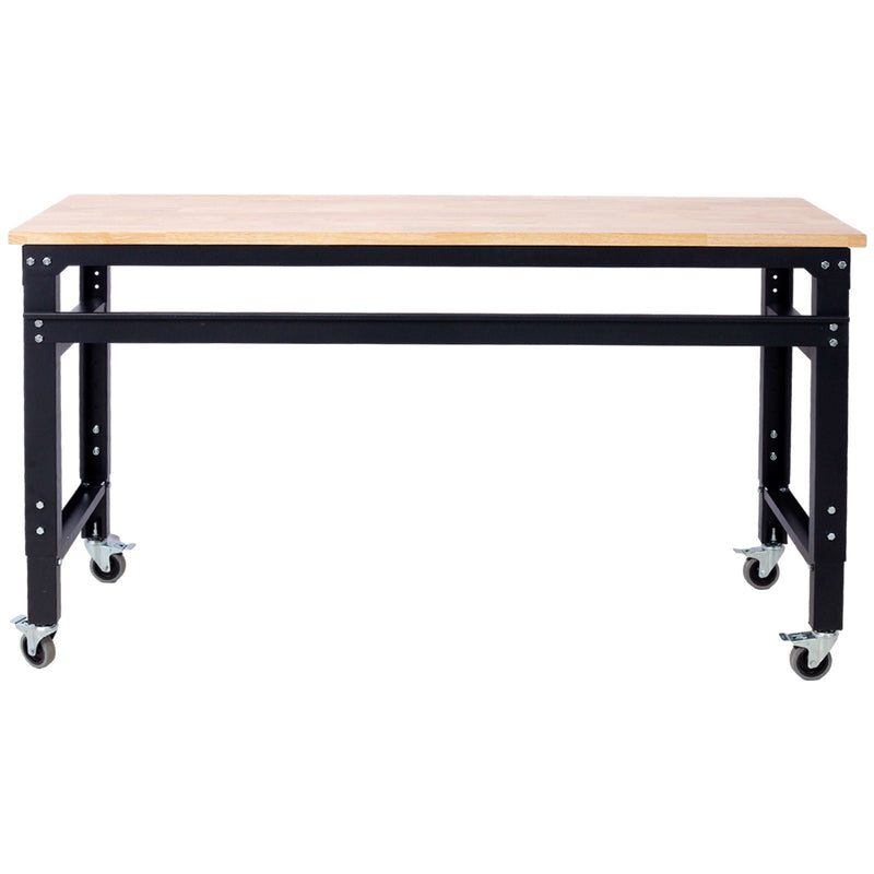 Wide Rolling Workbench For Garage, Adjustable Height, Workshop Tool Bench, Metal With Rubber Wood Top by HouseOfZazla