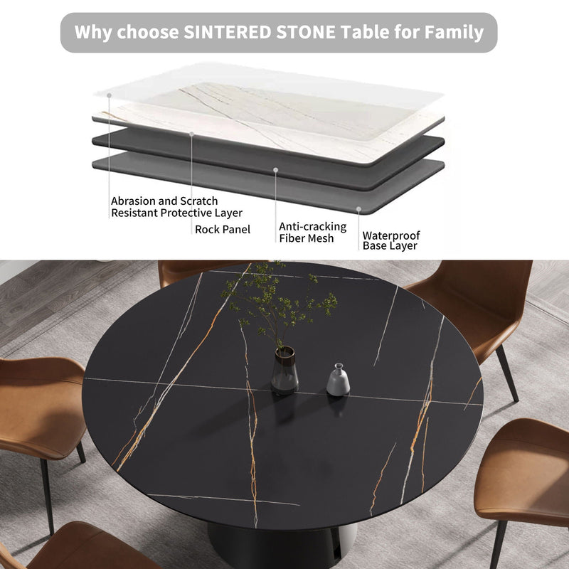 Modern Artificial Stone Round Carbon Steel Base Dining Table, Can Accommodate 6 People - Black / Gold by HouseOfZazla