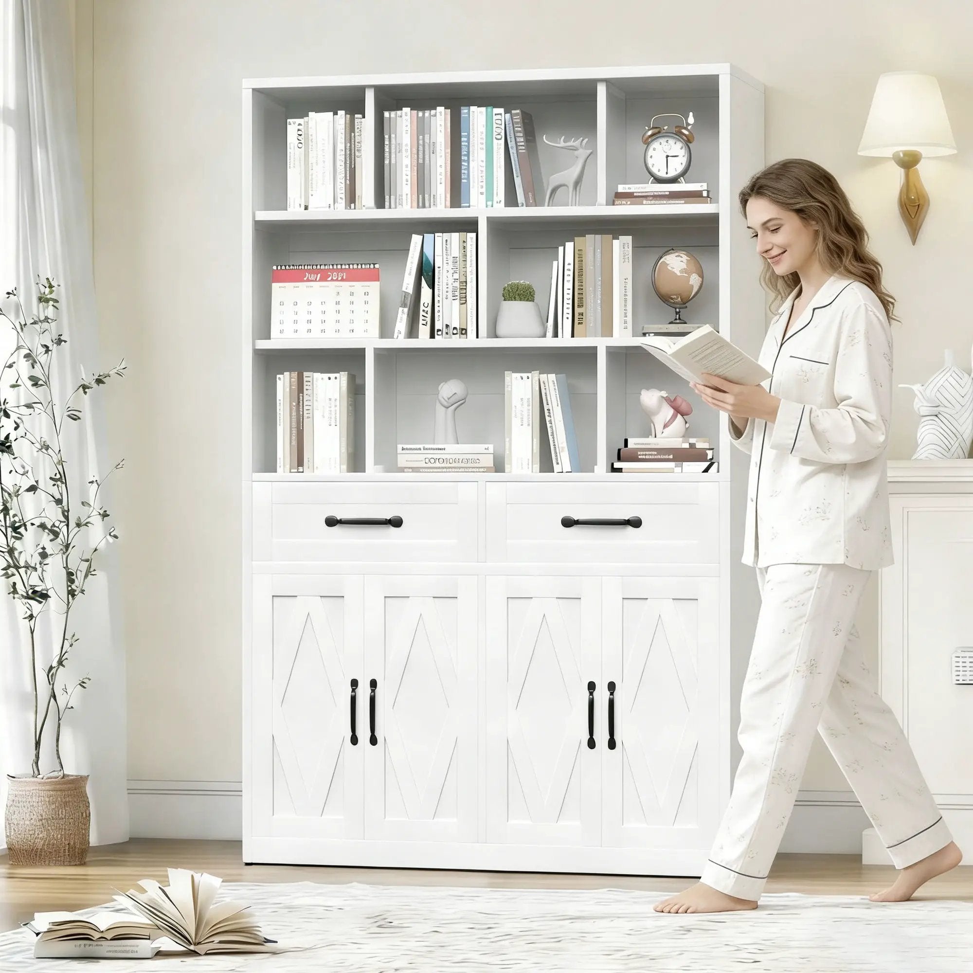 Bookcase Tall With 2 Doors & 2 Drawers, Fixed Open Shelves - White by HouseOfZazla