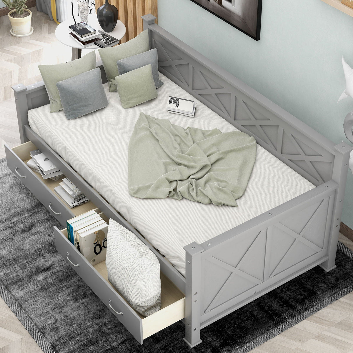 Modern Daybed with 2 Large Drawers and X Shaped Frame - Twin, Dark Gray or White, photo 26 of 28