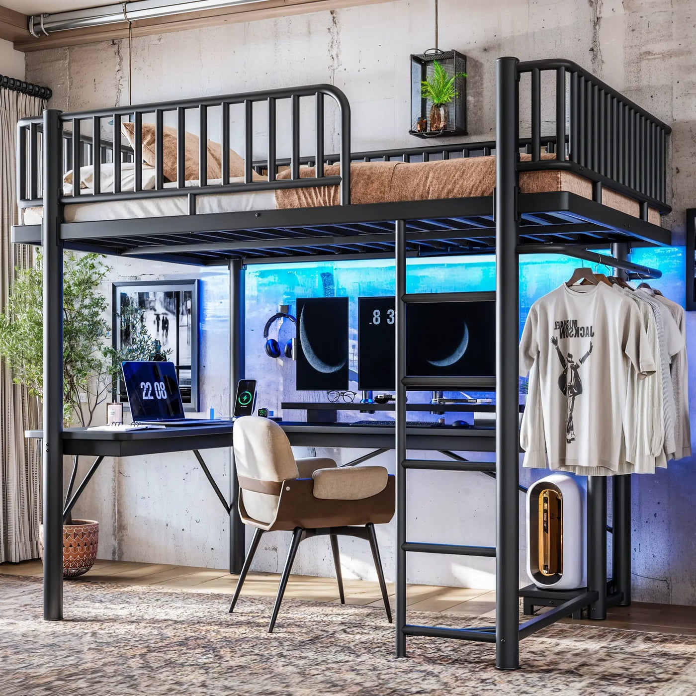 Full Loft Bed with L-Shaped Desk and LED Light Strip by HouseOfZazla