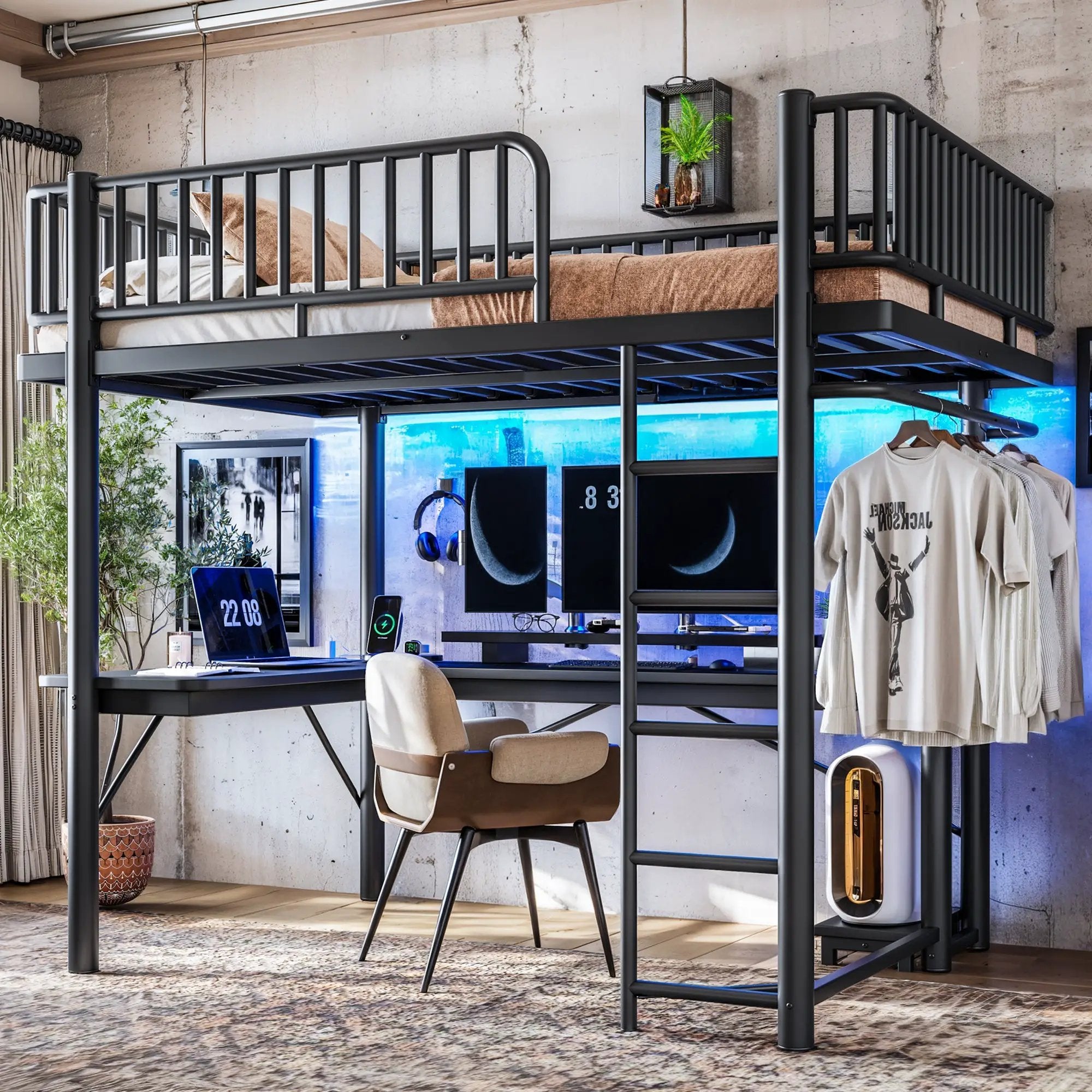 Full Loft Bed with L-Shaped Desk and LED Light Strip by HouseOfZazla