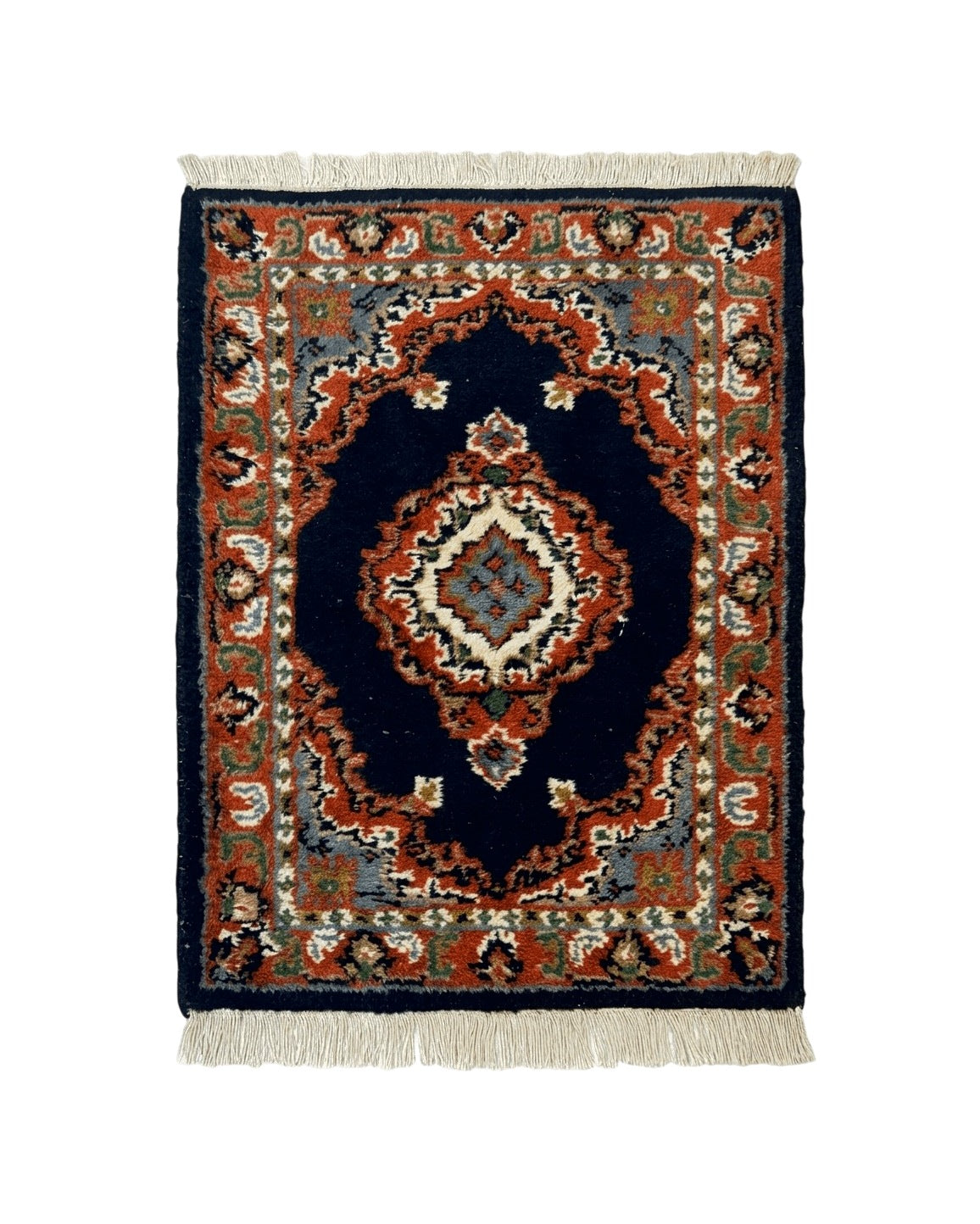 Small Indo Persian Rug 2x3, Navy Blue & Terracotta, Wool, Handmade by Jewel Rugs