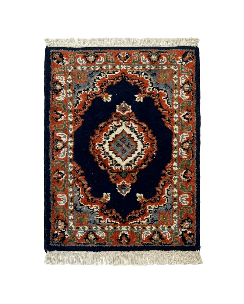 Small Indo Persian Rug 2x3, Navy Blue & Terracotta, Wool, Handmade by Jewel Rugs